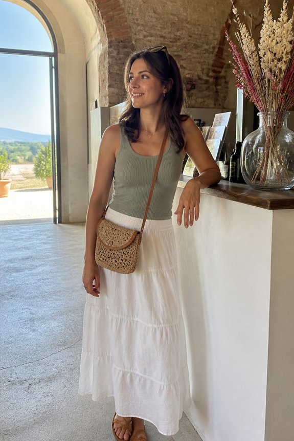 Woman in green tank top and white maxi skirt with a straw crossbody bag at a sunlit rustic cafe bar.