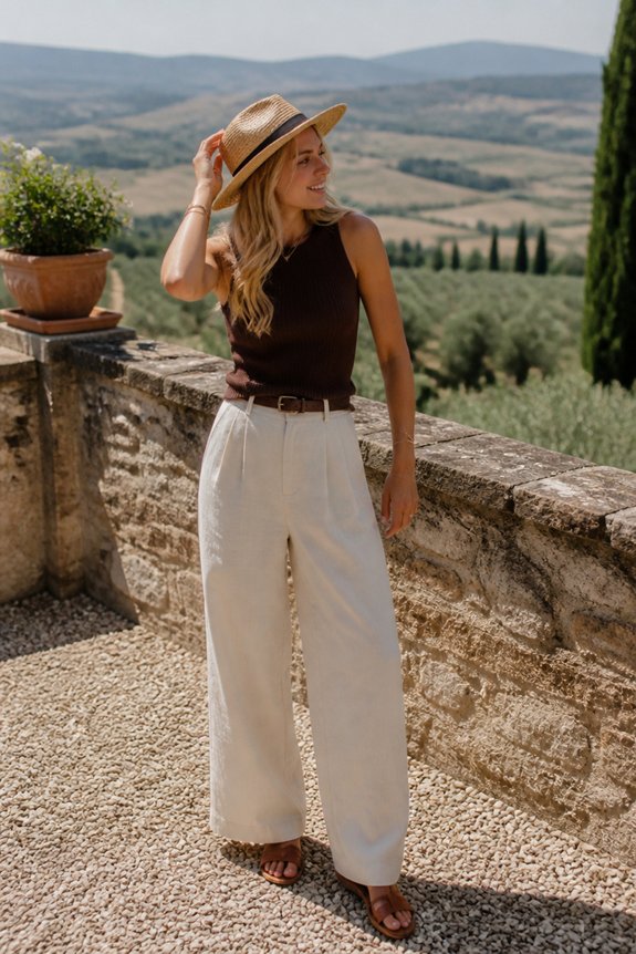 Stylish woman in a brown sleeveless top, white wide-leg pants, and straw hat on a stone terrace with Tuscan countryside.