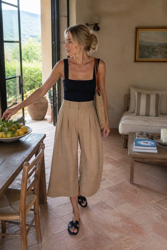 Woman in black square-neck top and beige wide-leg pants reaches for fruit on a wooden table in a sunlit, cozy home.