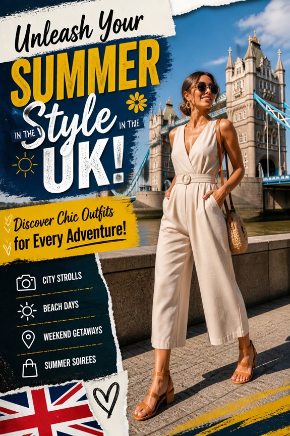 Stylish woman in a beige jumpsuit posing near Tower Bridge in London, UK, with bold summer fashion graphics.