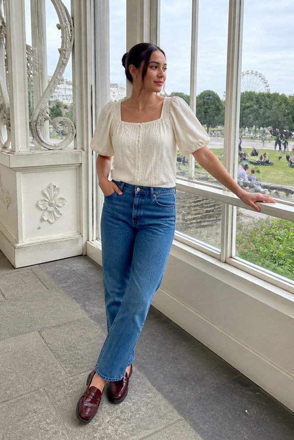 Woman in a white puff-sleeve blouse and blue jeans standing by a glass conservatory window, park view with Ferris wheel outside.