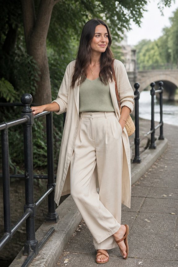 Stylish woman in beige trench coat, sage green top and cream wide-leg pants walking along a riverside path.