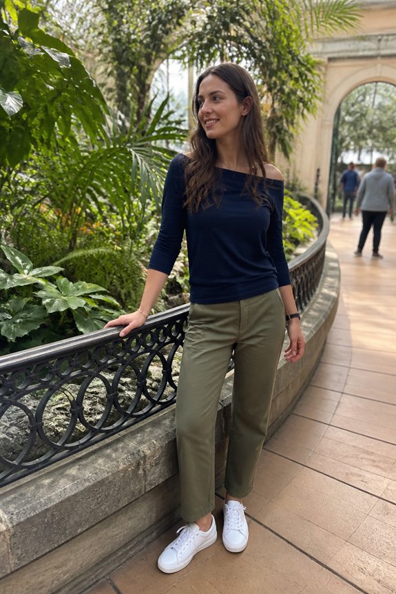 Woman in navy long-sleeve top and olive-green pants stands beside a decorative railing in a lush indoor garden.