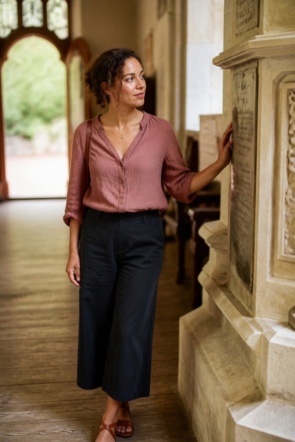 Woman in pink blouse and dark wide-leg pants reads a stone plaque in a historic hall.