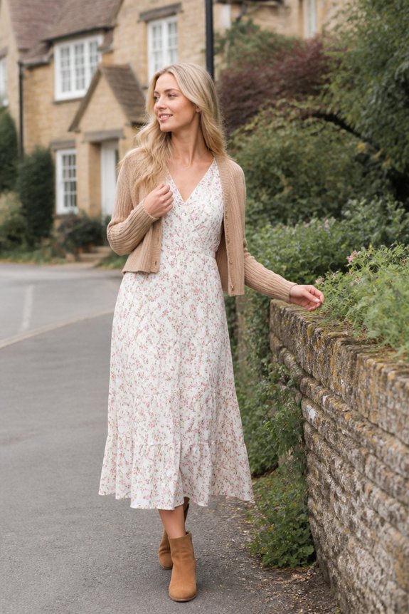 Blonde woman in a floral midi dress with a beige cardigan and tan ankle boots walking along a quaint village street.