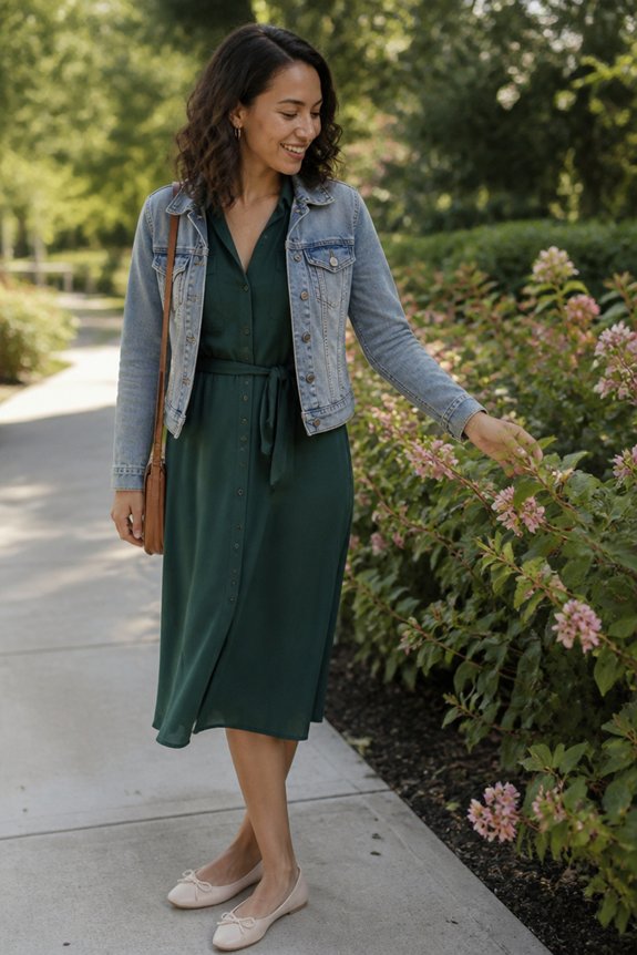 Woman in green midi dress with denim jacket and beige flats walking along sidewalk, reaching toward pink flowering bushes