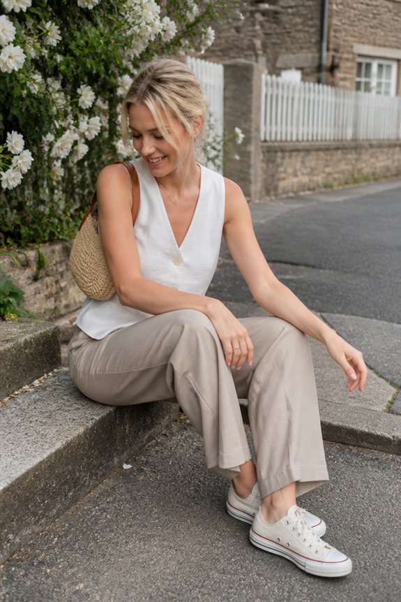 Woman sits on outdoor steps in a white sleeveless top, beige pants, white sneakers, carrying a straw bag beside a hedge.