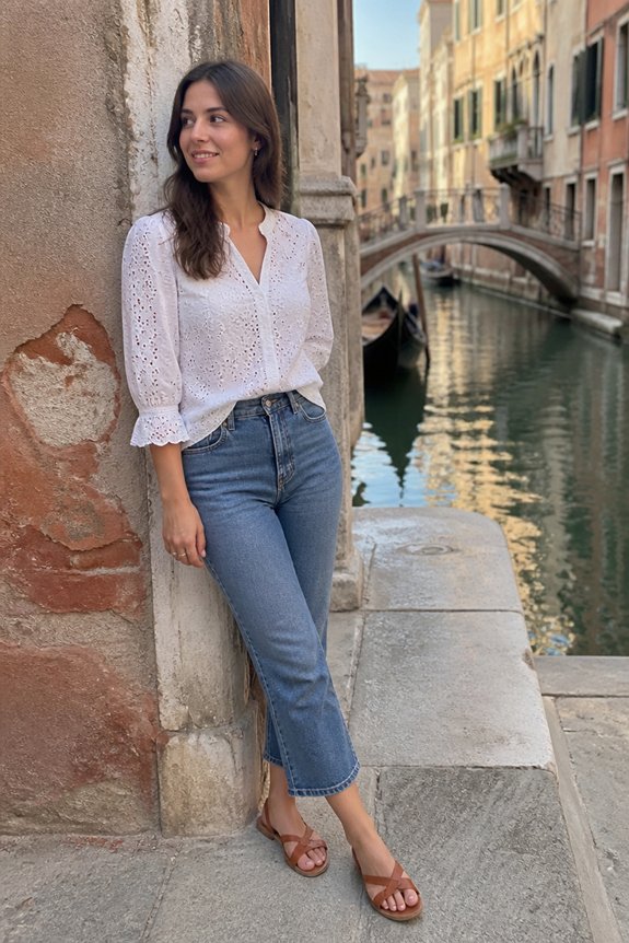 Woman by a Venetian canal, leaning against a wall in a white lace blouse, blue jeans and brown sandals.