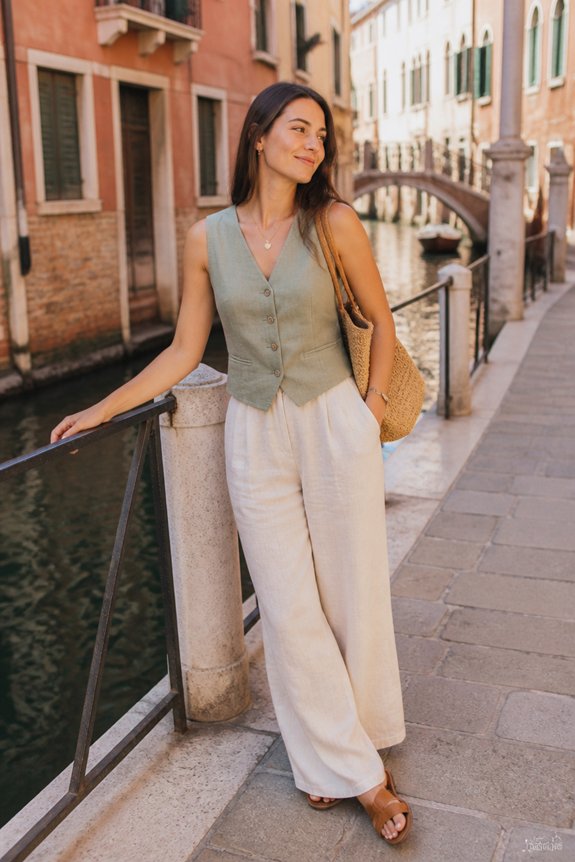 Stylish woman by a canal wearing a sage-green vest and white wide-leg pants with a straw tote.