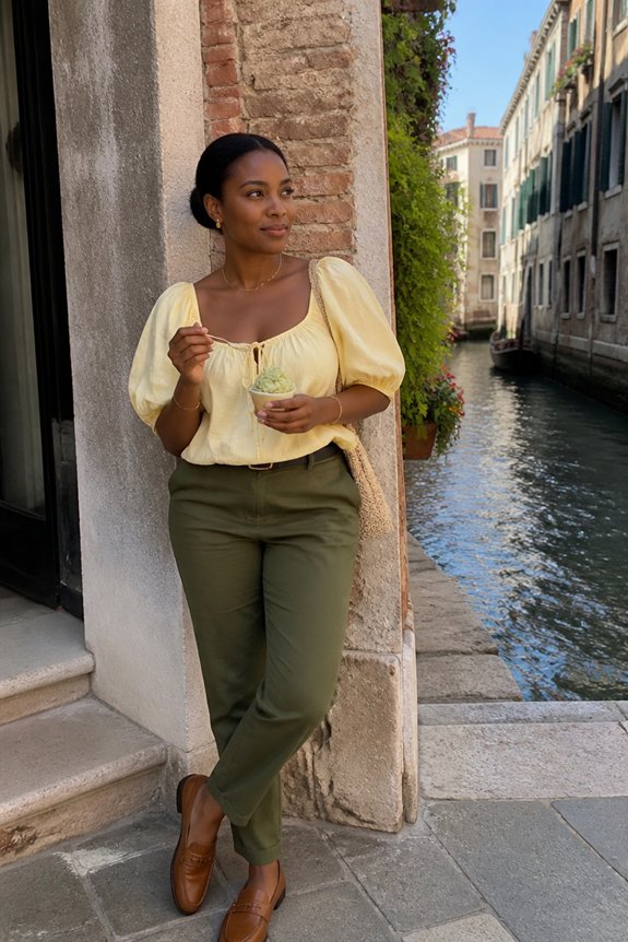 Woman in pale yellow blouse and olive-green pants leans against a brick wall by a Venetian canal, holding ice cream.