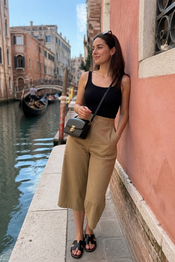 Woman in a black tank top and beige wide-leg pants stands beside a pink wall along a Venetian canal.