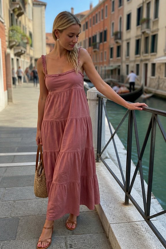Woman in pink tiered sundress by a Venice canal, holding a straw bag and wearing sandals.