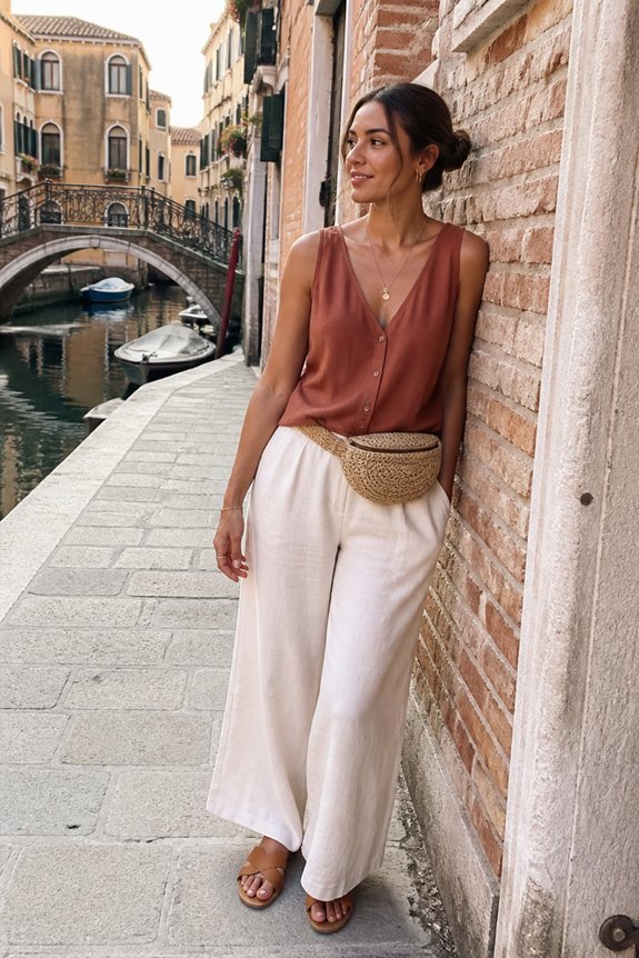 Woman in brown sleeveless top and white wide-leg pants leans against a brick wall by a Venice canal, with woven belt bag.