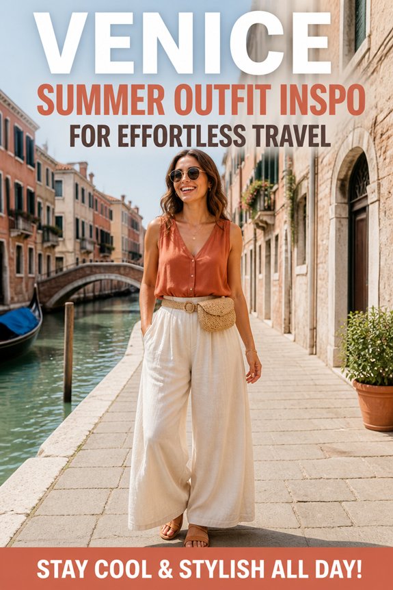 Woman strolling Venice canal in rust sleeveless top and wide cream pants; summer travel outfit inspiration.