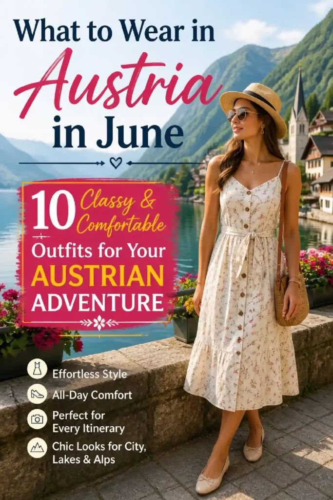Stylish woman in a floral dress by a lake in Austria, showcasing summer outfits for travel adventures in June.