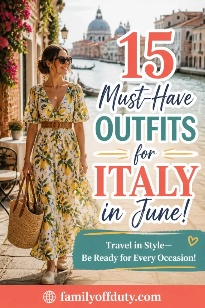 A stylish woman in a floral dress walks along a picturesque Italian canal, showcasing summer outfit ideas for June travel.