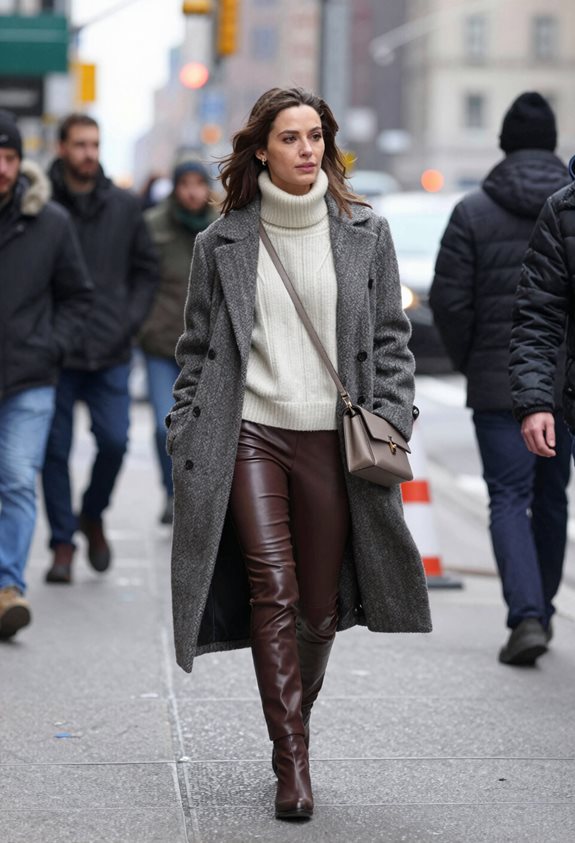 Woman in stylish winter attire walking in city street, wearing gray coat, white sweater, brown pants, and carrying a handbag.