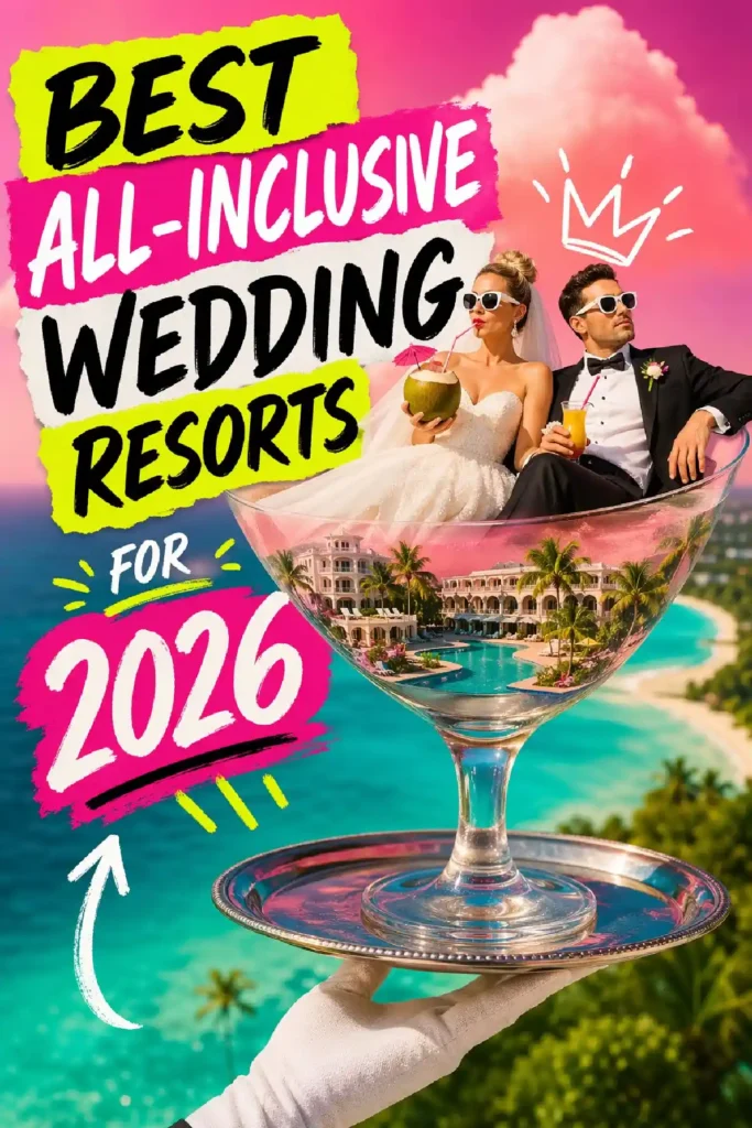 Couple in wedding attire enjoying drinks in a giant cocktail glass, promoting top all-inclusive wedding resorts for 2026.