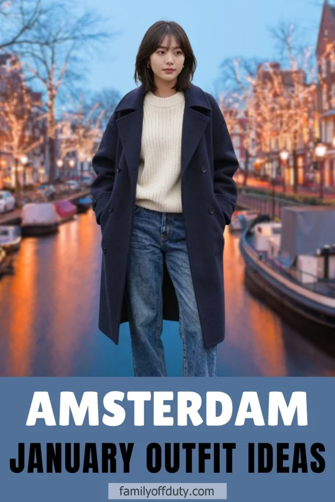 Woman in winter outfit, navy coat and sweater, in Amsterdam with canal and lights behind her.