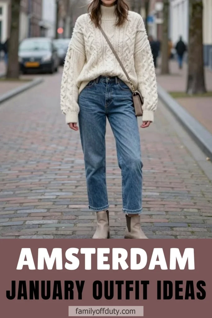 Cozy winter outfit in Amsterdam: cream sweater, jeans, boots. January style inspiration.