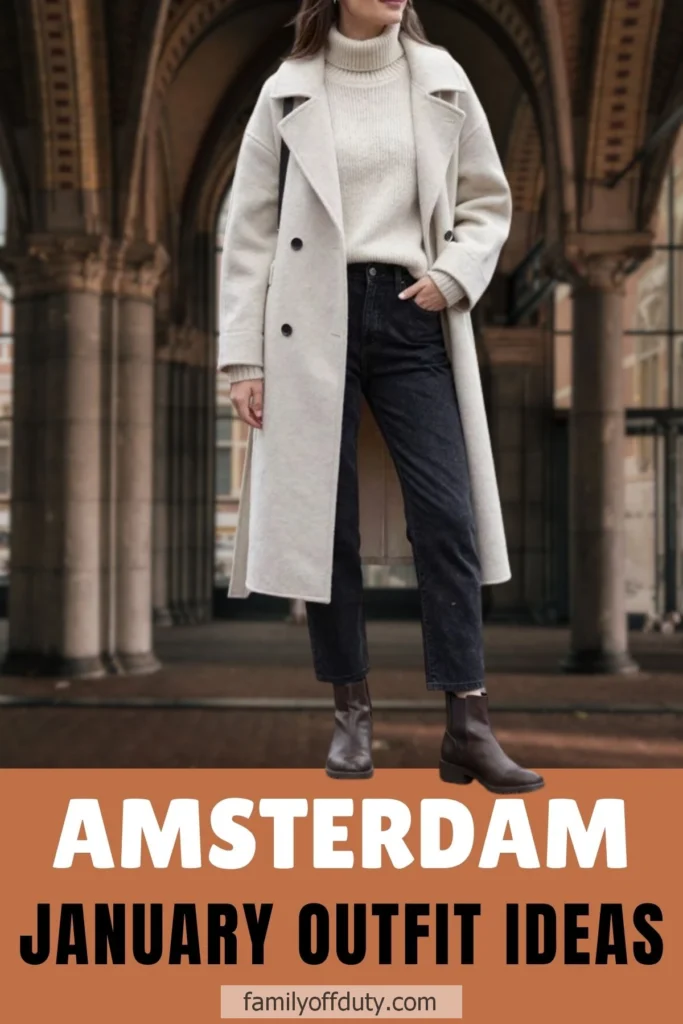 Stylish winter outfit in Amsterdam with beige coat, jeans, and boots. Ideal for January fashion inspiration.