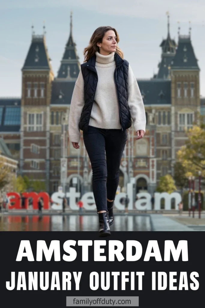 Woman in winter outfit walking in front of Rijksmuseum, Amsterdam, for January fashion inspiration.