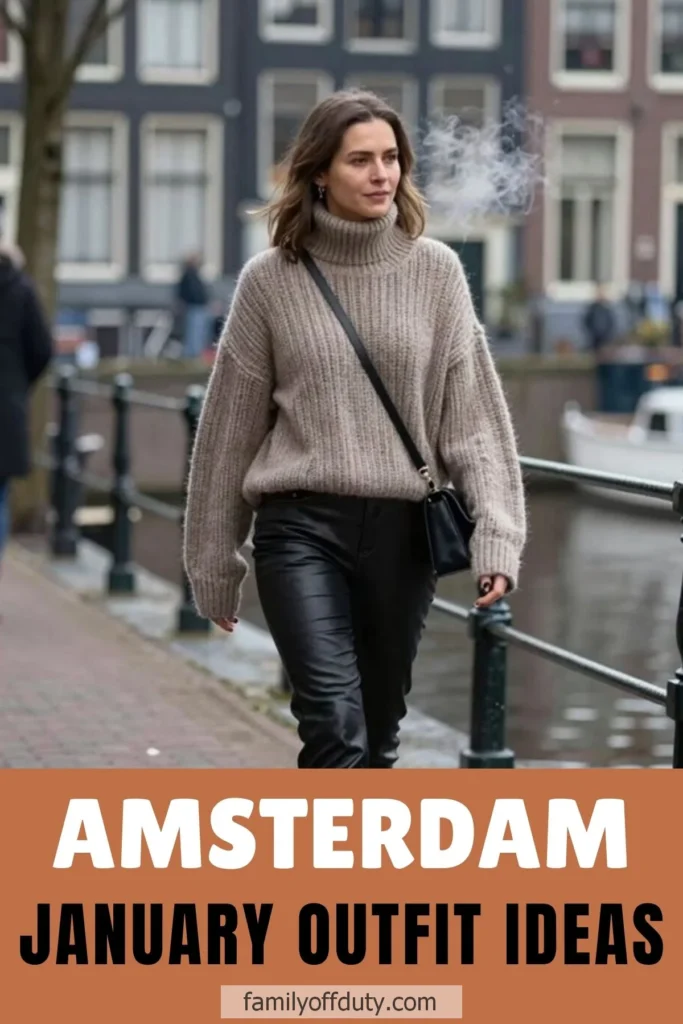 Woman in cozy winter outfit walking by Amsterdam canal. Brown turtleneck sweater and black pants. January fashion ideas.