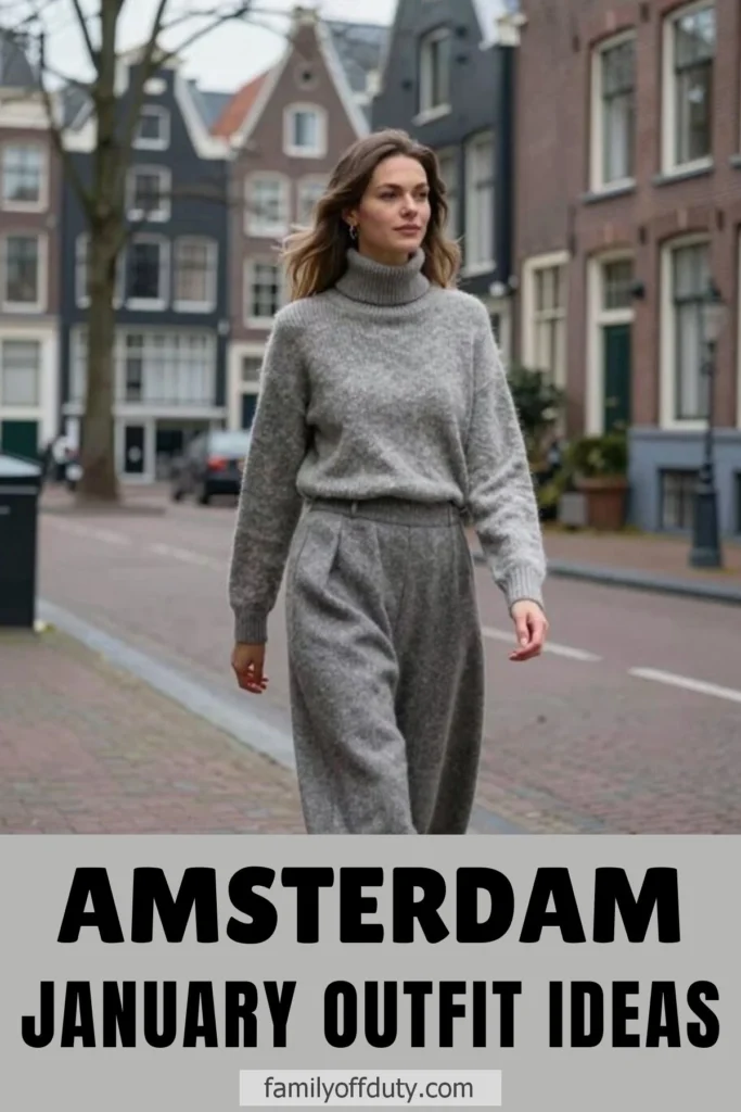 Woman in a gray winter outfit walking through Amsterdam street in January.