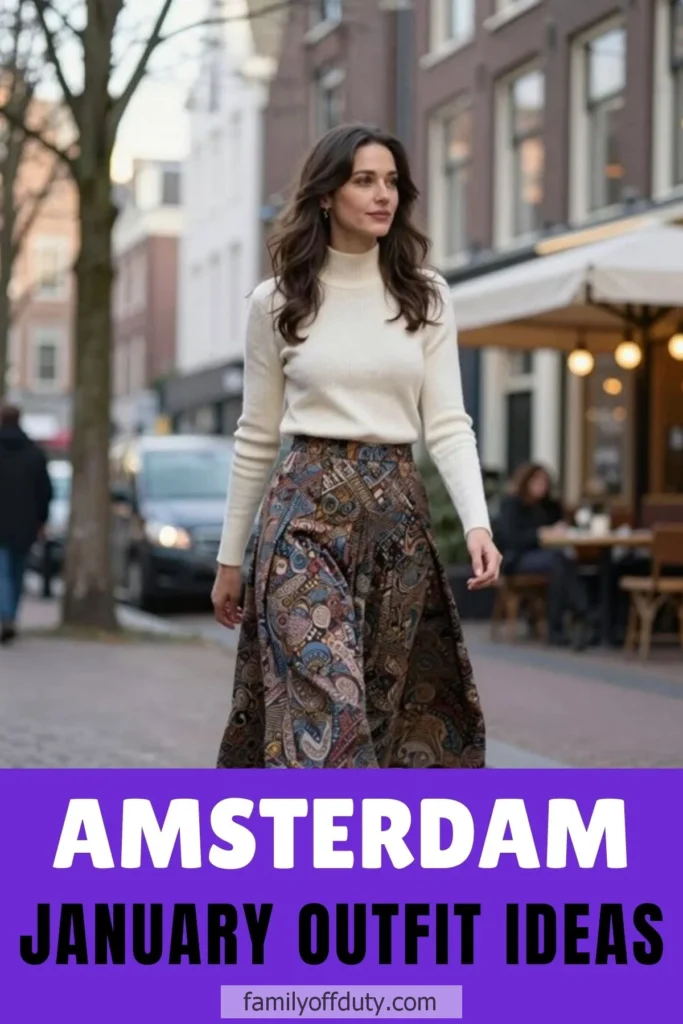 Woman in stylish winter outfit walking in Amsterdam street, showcasing January fashion trends.