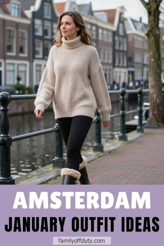 Woman in cozy winter outfit walking by Amsterdam canal.