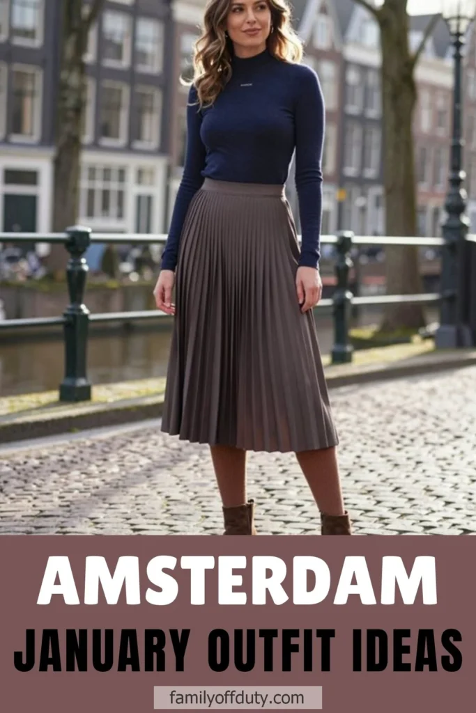 Fashionable winter outfit in Amsterdam, featuring a pleated skirt and cozy top. January style inspiration.