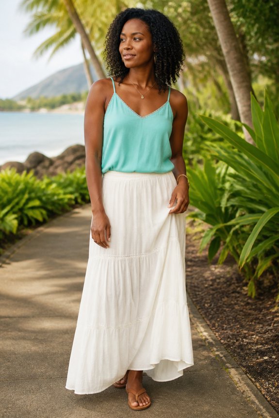 aqua camisole white skirt