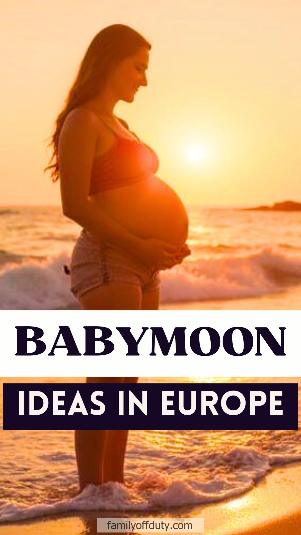 Pregnant woman enjoying a tropical babymoon sunset at a beach in Europe.