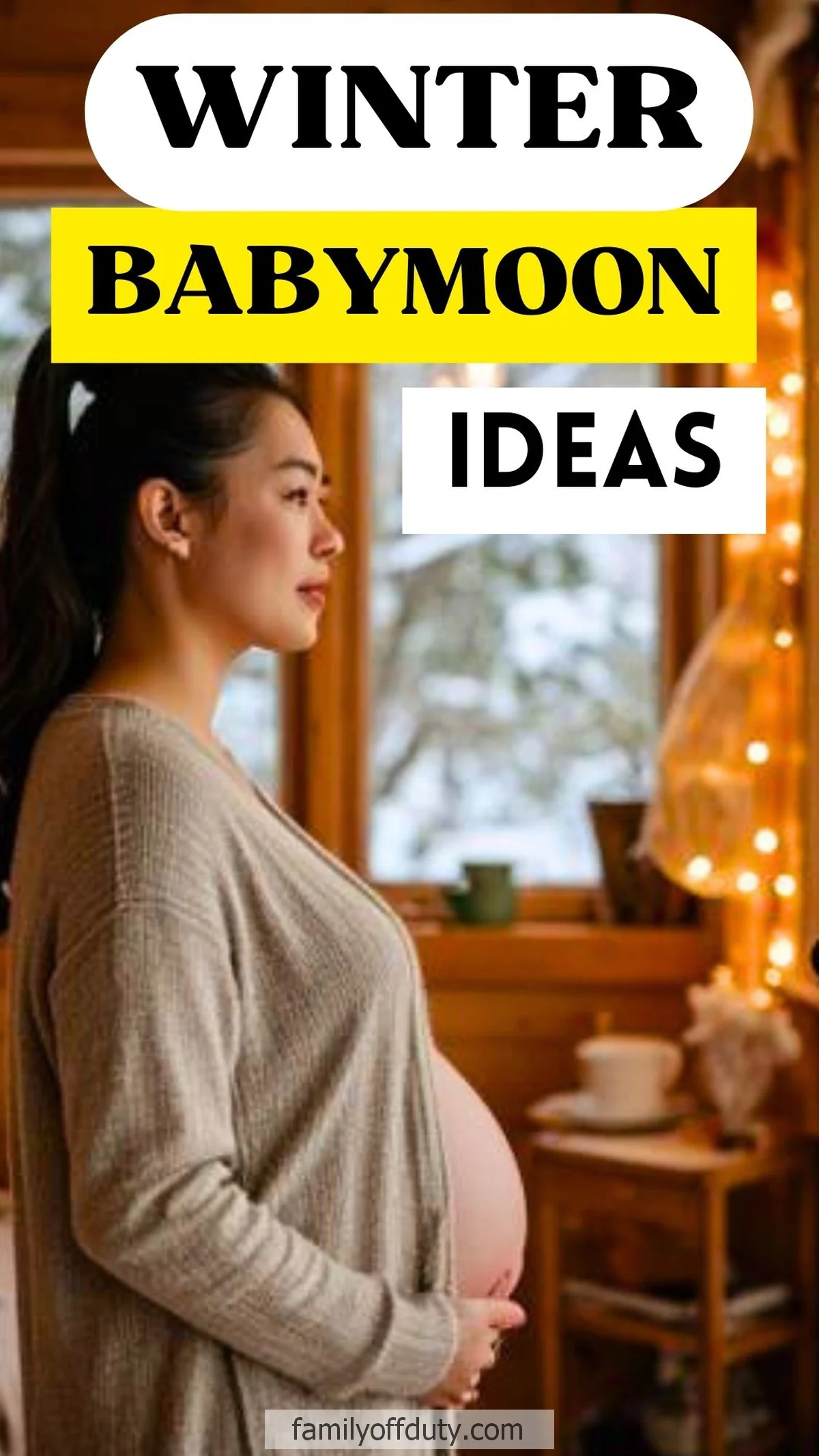 Pregnant woman enjoys cozy winter setting, perfect for babymoon ideas.