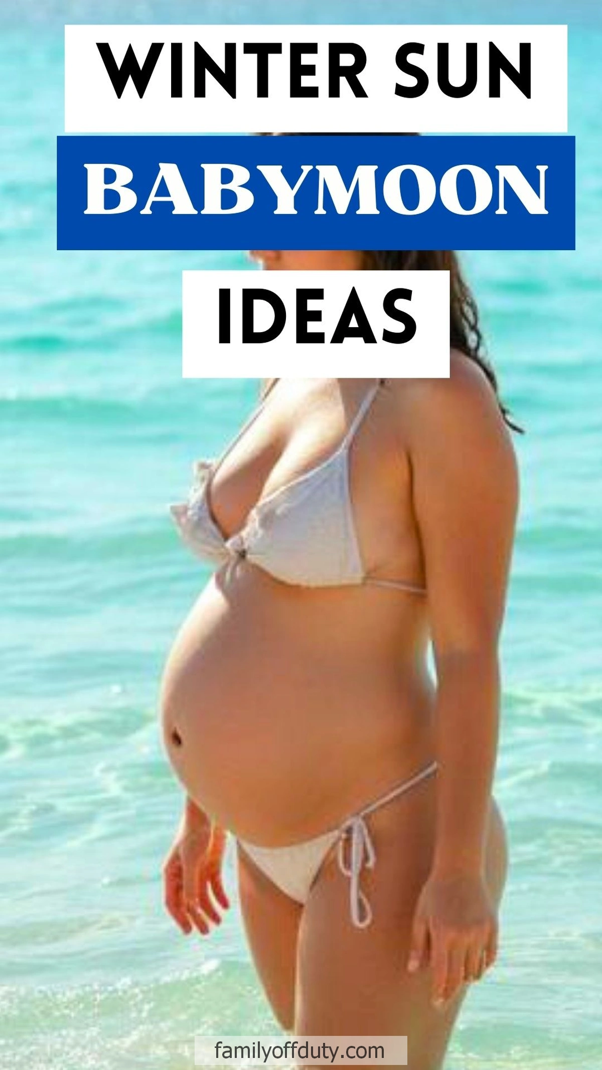 Pregnant woman enjoys a sunny beach babymoon, perfect for winter getaway ideas.