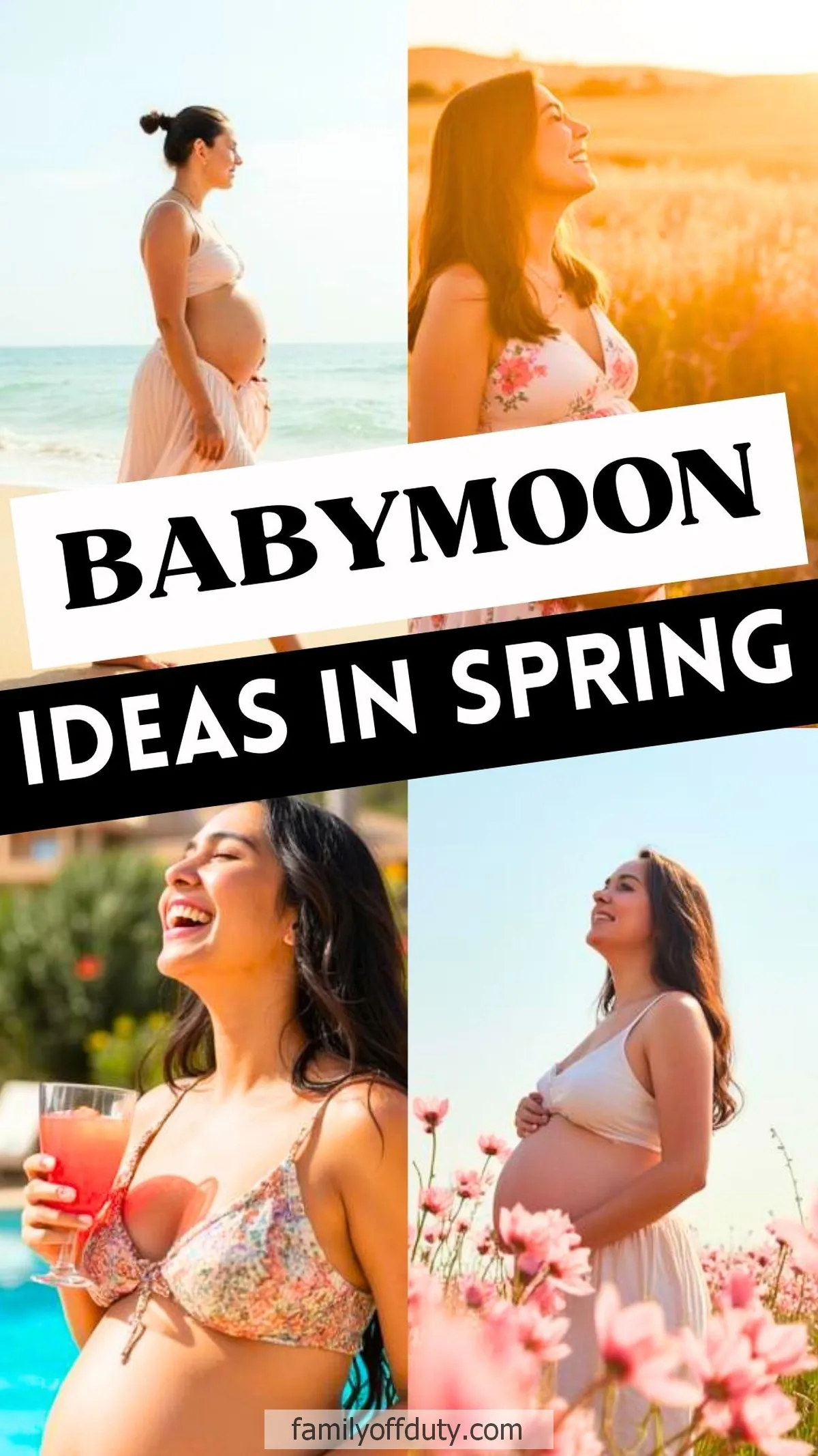 Pregnant women enjoying spring babymoon ideas at the beach and flower fields.