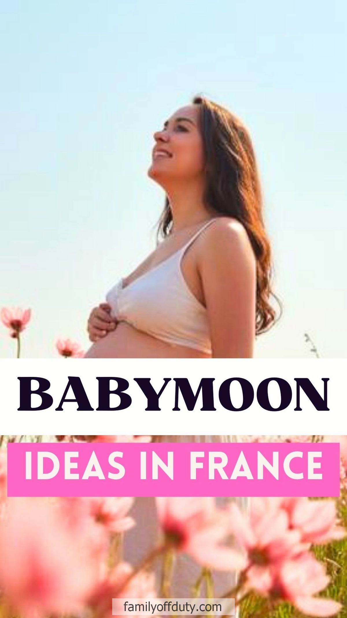 Pregnant woman enjoying a babymoon in a field of pink flowers in France.
