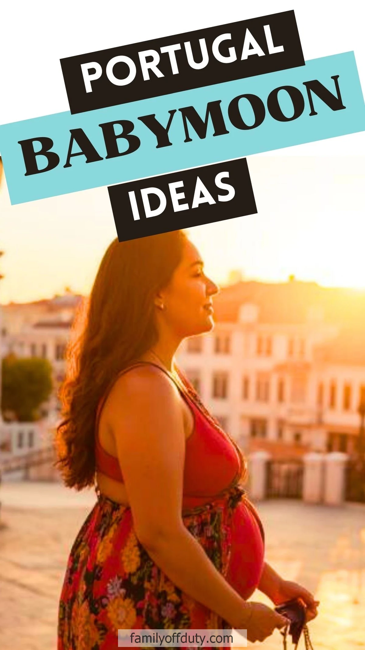 Pregnant woman enjoying sunset during babymoon in Portugal.