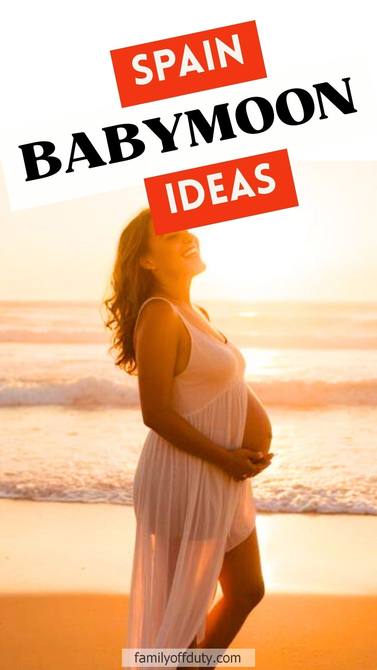 Pregnant woman enjoying a sunset on a Spanish beach, promoting Spanish babymoon ideas.