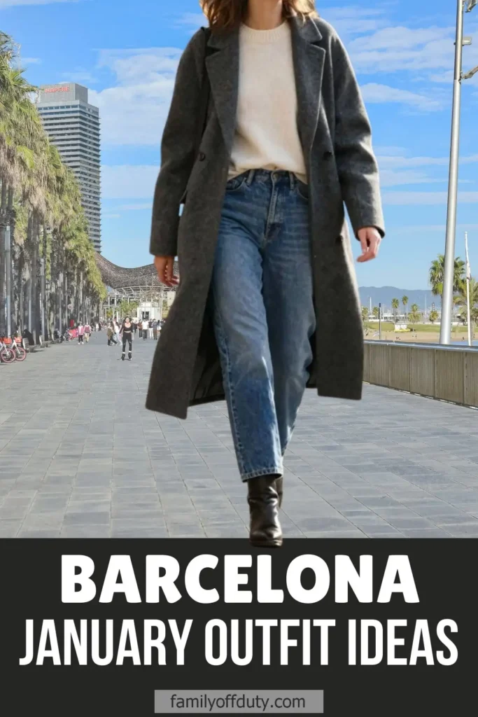 Fashionable winter outfit on a woman walking in Barcelona, featuring a coat and jeans for January style inspiration.