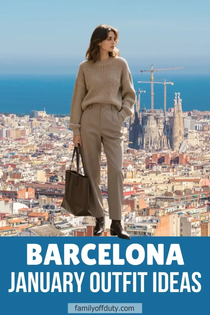 Woman in stylish winter outfit in Barcelona with cityscape and Sagrada Familia background.