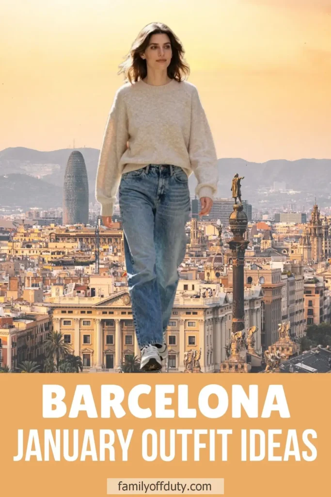 Stylish winter outfit in Barcelona with cozy sweater and jeans against cityscape backdrop.