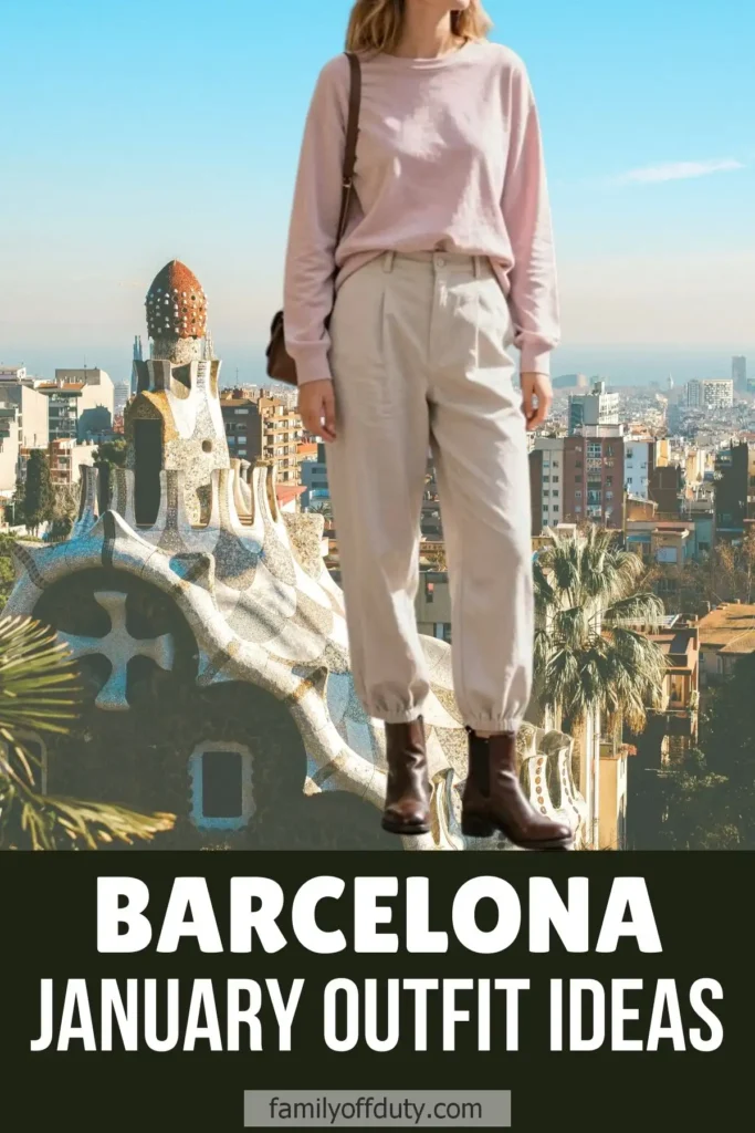 Stylish winter outfit idea for Barcelona trip with Gaudí architecture in the background.