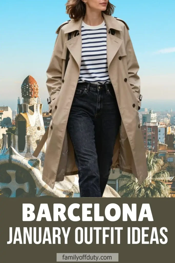 Stylish woman in trench coat and striped shirt in Barcelona, showcasing January outfit ideas against city backdrop.
