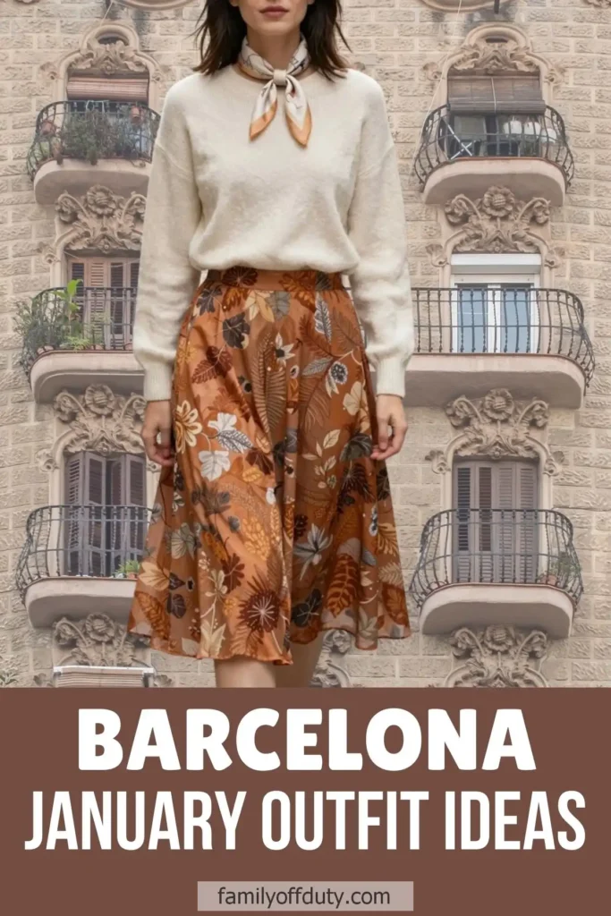 Woman in stylish winter outfit with floral skirt in front of Barcelona architecture.