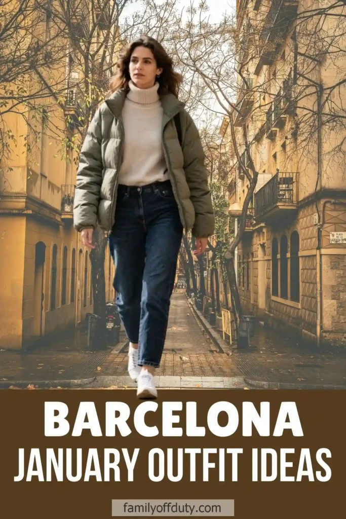 Woman walking in Barcelona street in winter outfit; jacket, sweater, jeans. Text: Barcelona January Outfit Ideas.