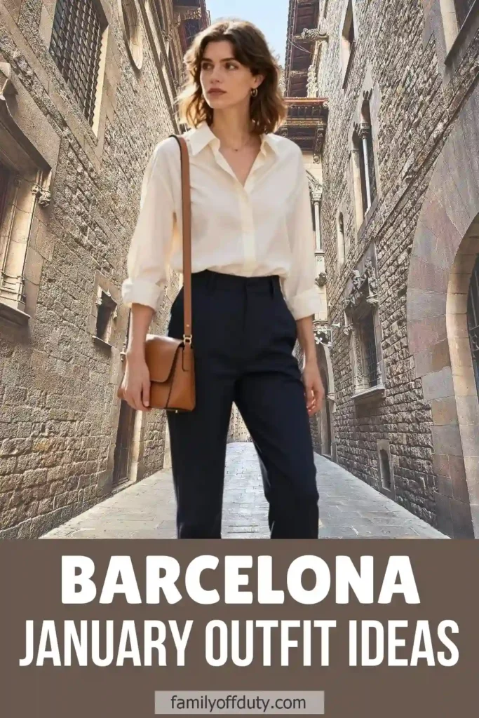Woman in stylish outfit walking in historic Barcelona street, text: Barcelona January Outfit Ideas.