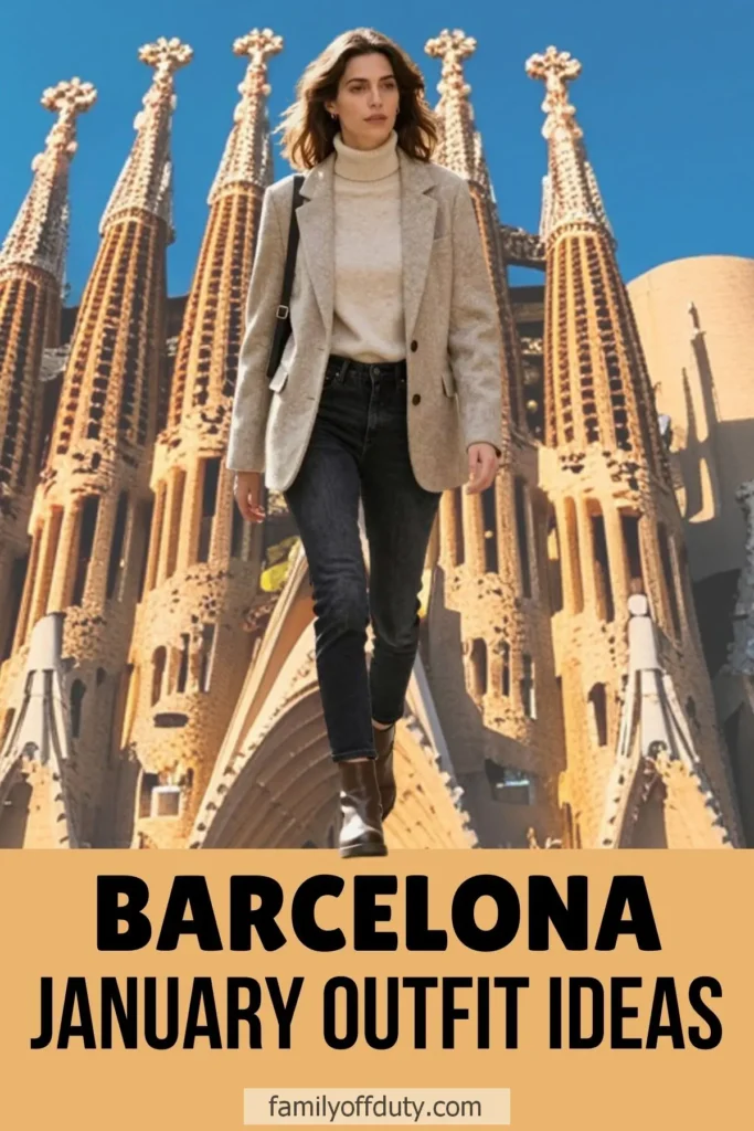 Woman in stylish outfit in front of Sagrada Familia with text: Barcelona January Outfit Ideas.
