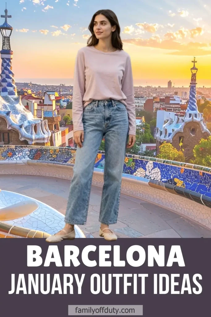 Woman in casual outfit at Park Güell, Barcelona during sunset with January Outfit Ideas text overlay.