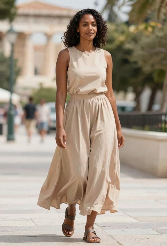 beige top with maxi skirt